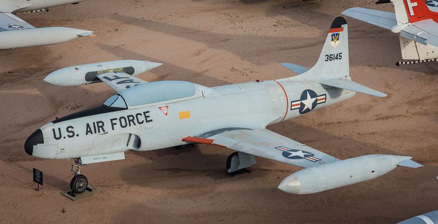 A picture of the Lockheed T-33A Shooting Star, one of two at the Pima Air and Space Museum